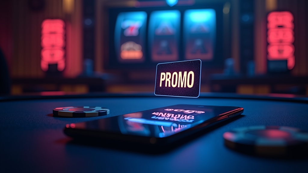 Kasyno z ekranem kodu promocyjnego i neonowym tłem automatów
